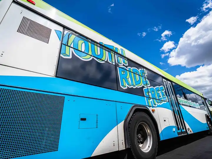 Green and blue STA bus with "Youth Ride Free" written in large text on the sides.